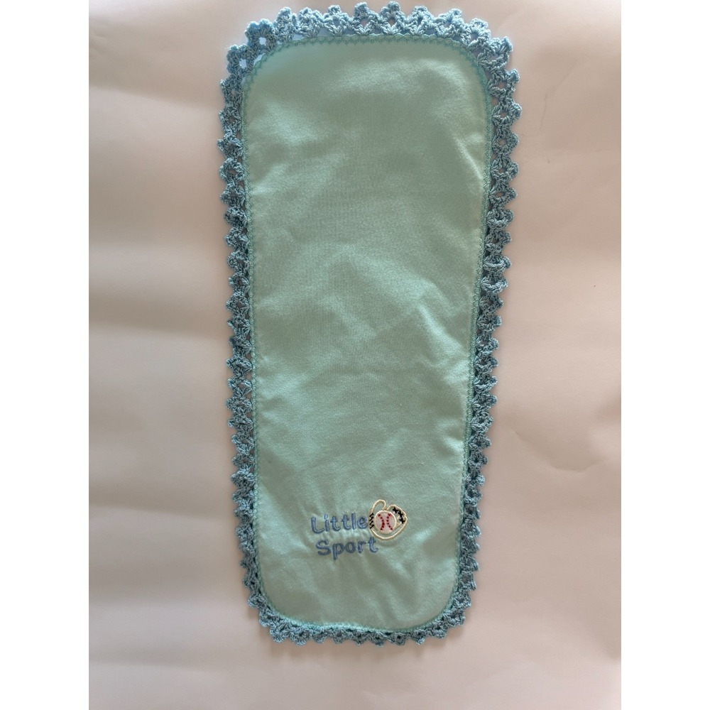 Embroidered 'Little Sport' Handmade Baseball Burp Cloth | Blue Crochet Edge Baby